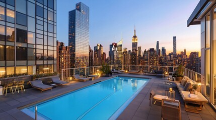 Luxury Rooftop Pool with Stunning City Skyline View at Dusk