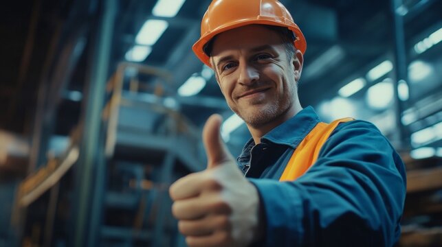 manager with safety hardhat showing thumbs up and smiling at warehouse