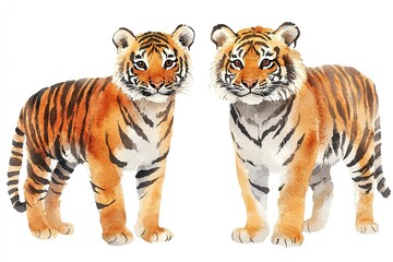 Obraz premium Two watercolor tigers standing side by side, showcasing their vibrant fur patterns.