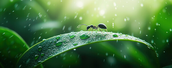 A close-up of an ant on a dewy green leaf, illuminated by soft light, showcasing nature's details in a tranquil, vibrant setting.