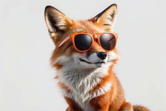A red fox wearing orange sunglasses against a white background.