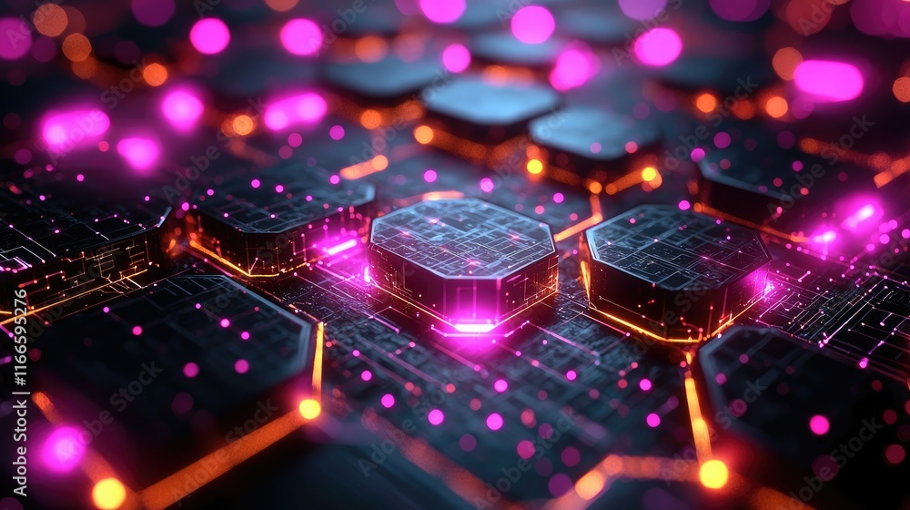 Poster abstract representation of a digital circuit with glowing elements and a futuristic design.