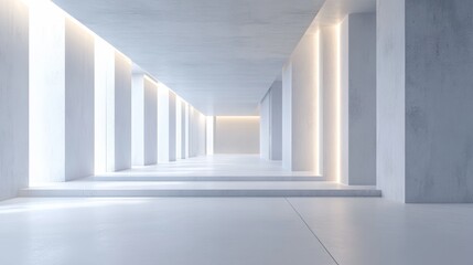 Obraz premium Minimalist white hallway with soft lighting and concrete pillars.