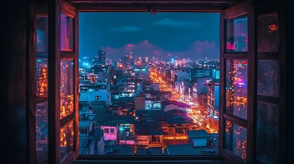 Obraz premium Night Cityscape Viewed From an Open Window