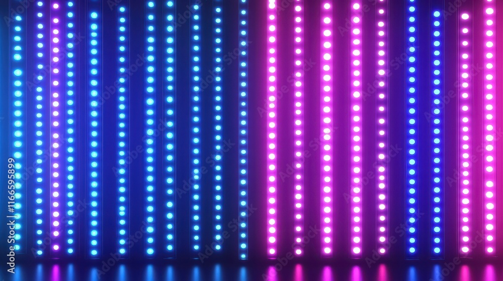 Poster purple and blue gradient lights arranged in vertical lines with glowing dots, creating an abstract f