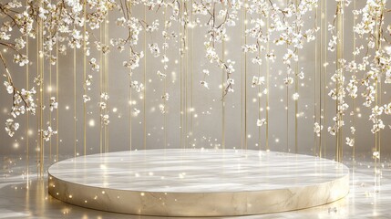 Elegant Marble Podium with Cherry Blossoms and Golden Lights: A Luxurious Spring Scene