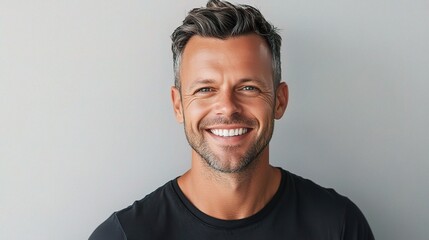 Obraz premium Confident Young Man Smiling with Short Hair Against Gray Background