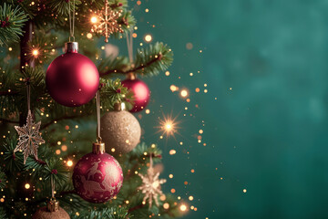 Naklejka premium decorated evergreen tree with red gold sphere ornaments star accents