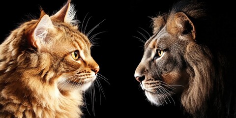 cat staring at lion self reflection in the mirror 