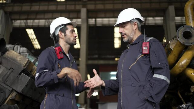 Technicians work at train engine repair shop. Machinery and engineering.