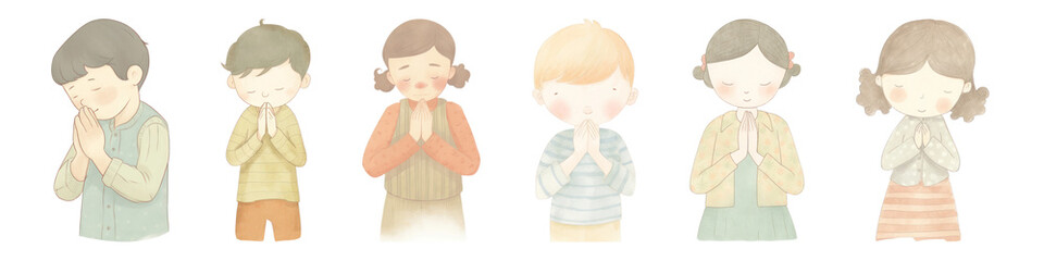 PNG Children praying with hands together, isolated element set, transparent background