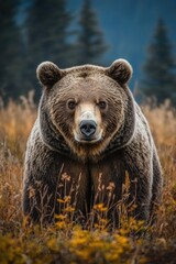 Fototapeta premium A close-up of a grizzly bear standing in a field surrounded by tall grass and wildflowers.