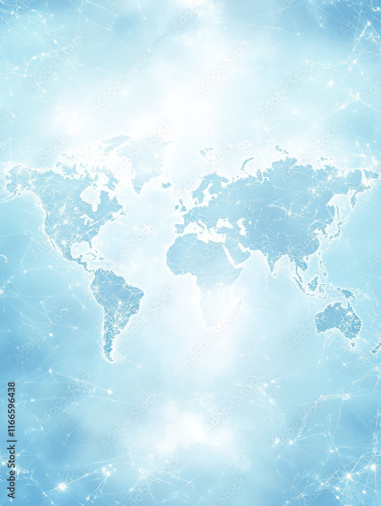 Poster light blue background with a digital world map and global network connections, representing the conc