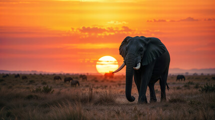 Obraz premium An elephant walks across an African savanna during a vibrant sunset. Other elephants can be seen in the background, silhouetted by the orange sky