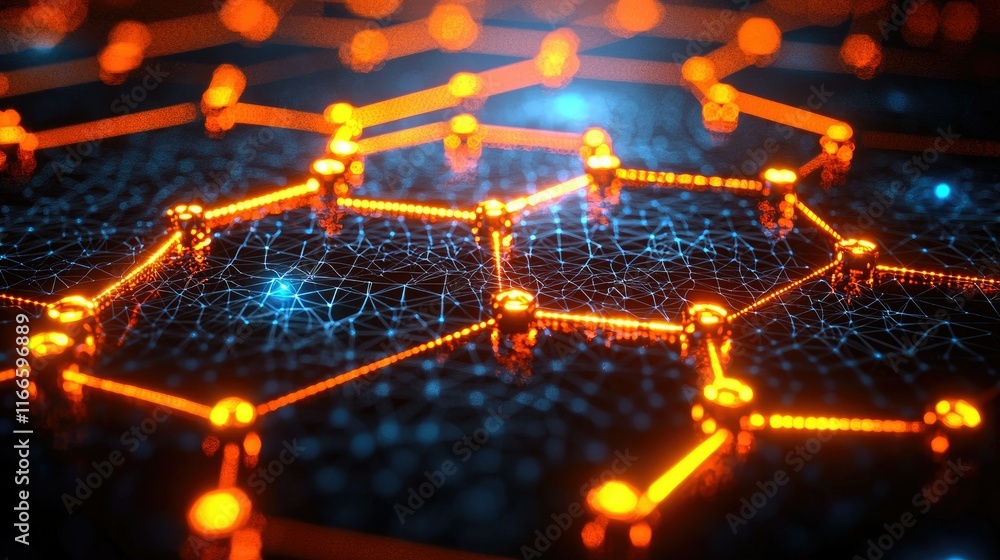 Poster abstract representation of interconnected nodes and networks in a digital environment.