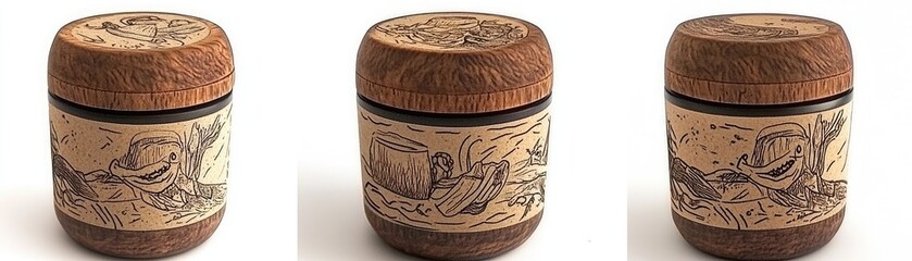 A decorative jar with intricate illustrations, likely for storage or display.