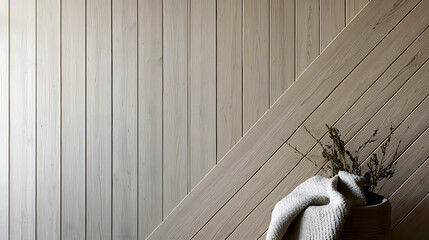 light wooden panel wall with diagonal grooves, featuring cozy blanket and dried flowers in basket, creates warm and inviting atmosphere