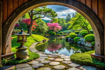 Serene Japanese Garden: Stone Lantern, Sakura Bonsai, Bridge, Water Lilies
