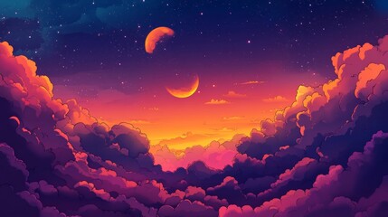 Night sky background with half moon in clouds and stars. illustration.
