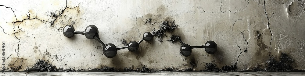Poster abstract representation of molecular structures against a textured wall background.