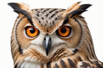 Fototapeta premium Close-up portrait of a majestic owl with intense orange eyes against a white background.