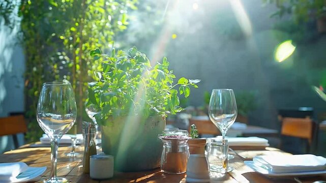 A beautifully set outdoor dining table adorned with a lush herb centerpiece, surrounded by soft natural light and greenery. The scene exudes a fresh, inviting ambiance perfect for an alfresco meal
