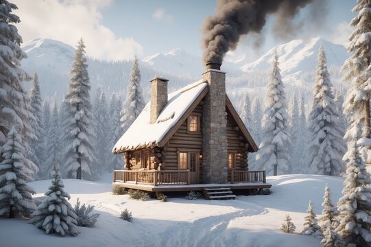 Cozy log cabin in snowy mountain landscape with smoke from chimney.