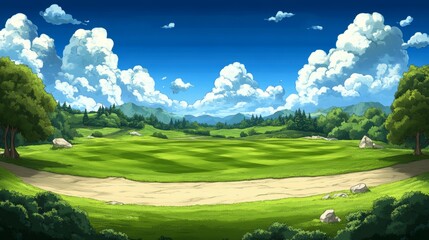Lush Green Field Under Bright Blue Sky