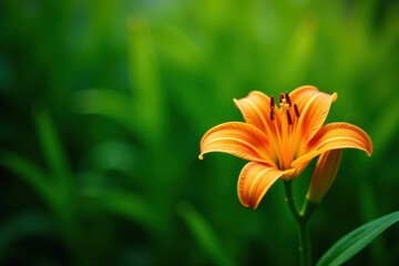 Vibrant orange lily, lush green foliage backdrop, natural, garden
