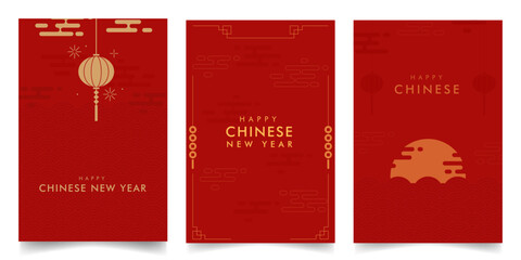 Set minimalist Chinese vector design template background in red and gold color. For Banner, Poster, Social Media, Promotion