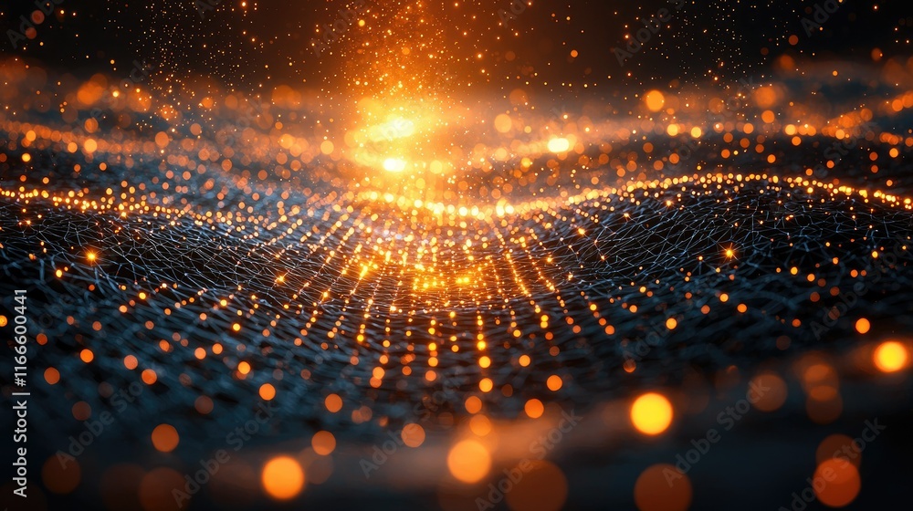 Poster abstract visualization of glowing particles creating a wave-like structure.