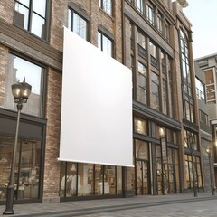 Obraz premium Urban brick building showcases 3D white banner, modern street setting.