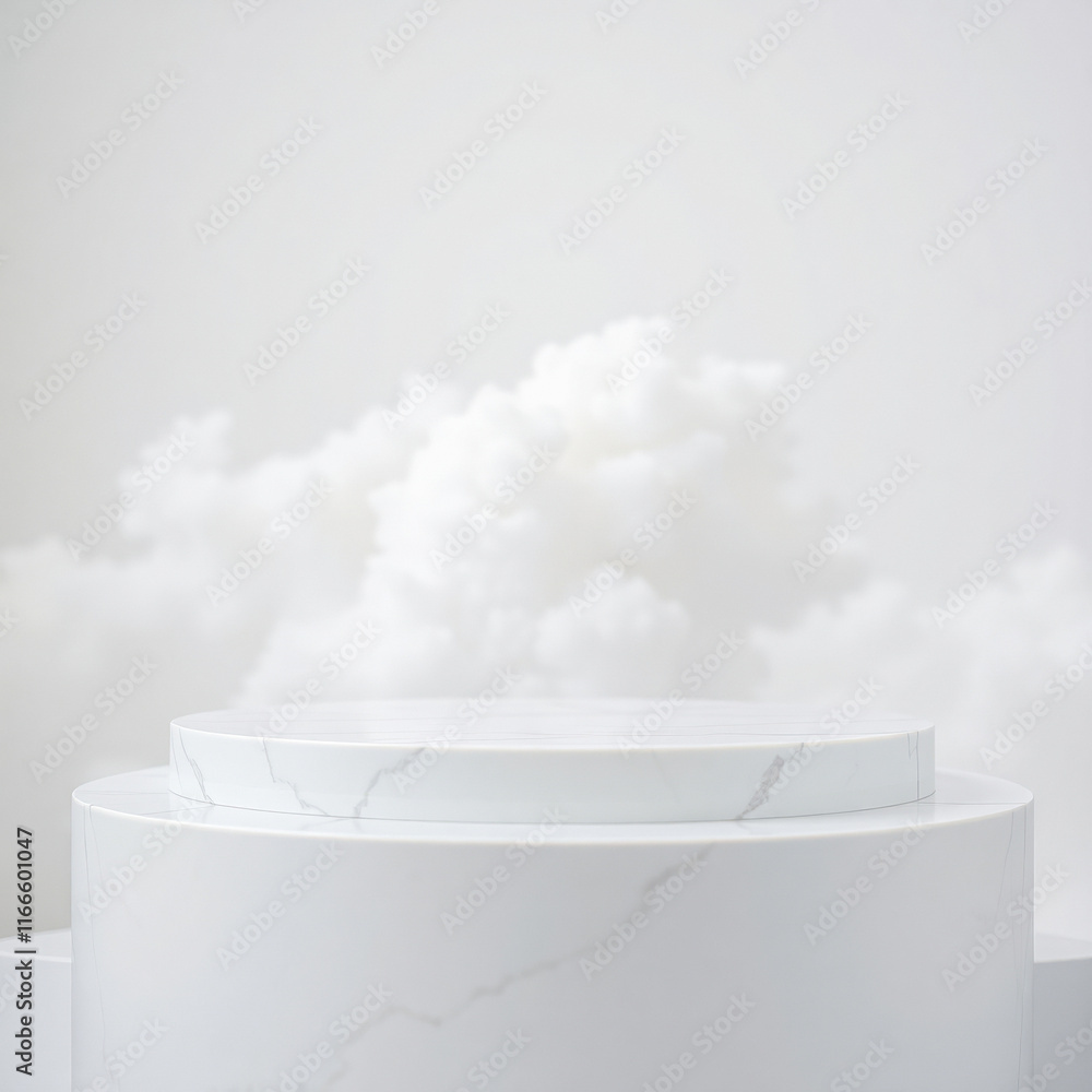 Wall mural white marble cylindrical pedestal with cloud background