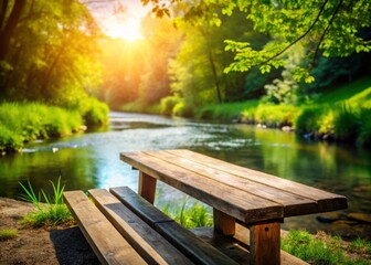 Obraz premium Serene River Scene: Wooden Table & Bench by Calm Water