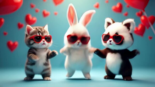 A dancing cat, bunny, and panda wearing red heart-shaped sunglasses dancing. The background features floating hearts, creating a fun, playful, and cute atmosphere.