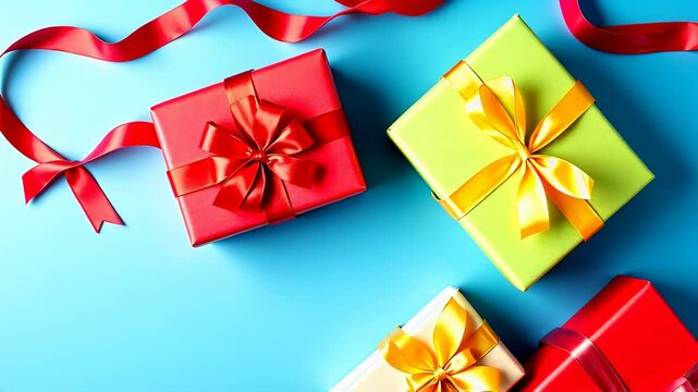 Colorful gift boxes wrapped in red, blue, and cream, each adorned with matching ribbons, are arranged on a bright blue background. The festive arrangement with loose ribbons on the side suggests a cel