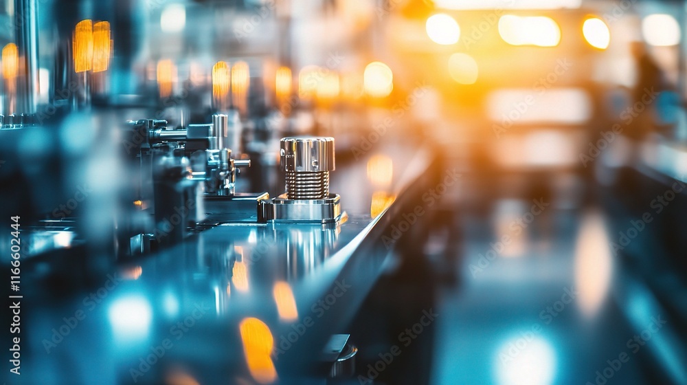 Aufkleber blurred view of factory assembly line with machinery and worker