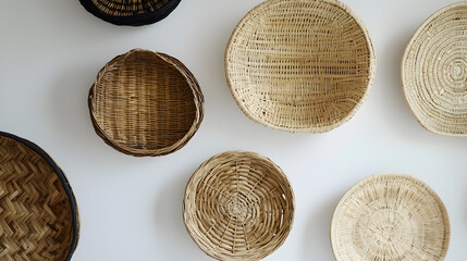 Natural woven baskets in various sizes and colors arranged on white wall, showcasing blend of textures and designs that enhance any interior decor