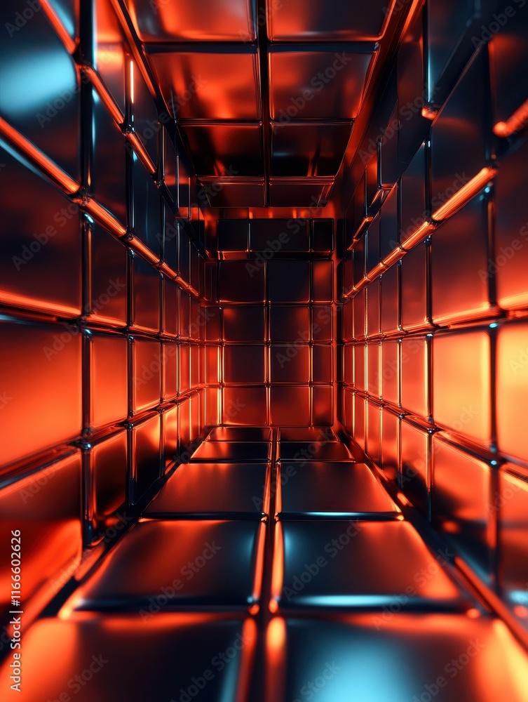 Poster futuristic, high tech, dark background, with a square block structure. wall texture with a 3d cube t