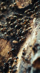 A close-up of numerous ants crawling on a wooden surface.