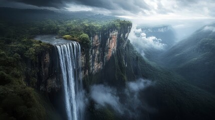 Fototapeta premium Majestic Waterfall Cascading Down Rugged Cliffs Surrounded by Lush Green Forest and Mysterious Misty Atmosphere in a Remote Landscape