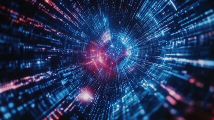 Obraz premium Digital Data Stream: Abstract, glowing neon streaks and data lines converge in a kaleidoscope of red and blue, creating a mesmerizing vortex of digital information.