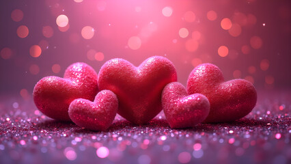 Obraz premium Four hearts on a pink glitter background. Concept of love, romance, and Valentine's Day.