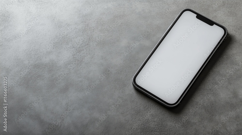 Poster minimalist top view of modern smartphone with blank white screen displaying on empty gray table