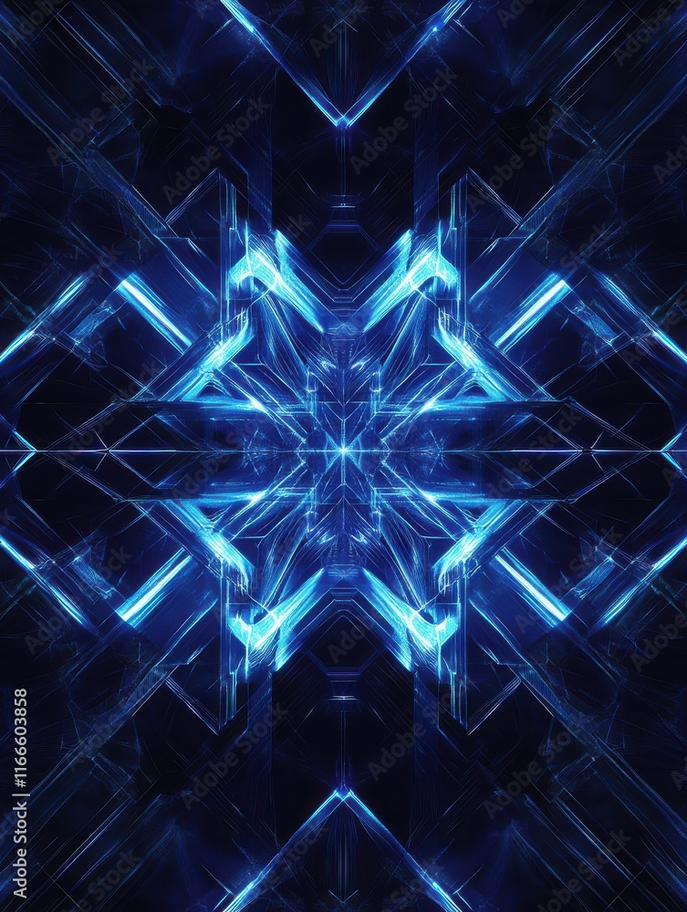 Poster a digital abstract background featuring a geometric pattern of glowing blue and white lines on a dar