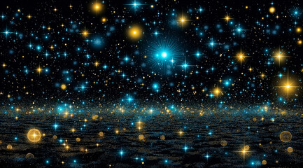 Obraz premium Expansive View of a Starry Sky with Glowing Stars and Scattered Yellow and Blue Dots on a Black Background, Captured in High-Definition Photography with a Wide-Angle Lens 