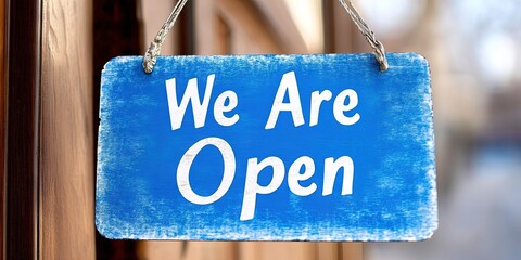 sign hanging on business door, "We Are Open"