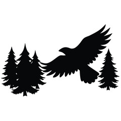 Obraz premium Vector silhouette of a soaring eagle flying above a lush forest landscape with tall pine trees and a distant mountain range,
