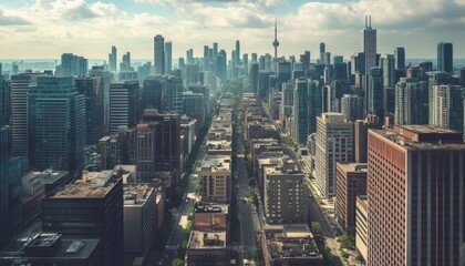 Obraz premium Aerial view of a cityscape with skyscrapers and a long street.