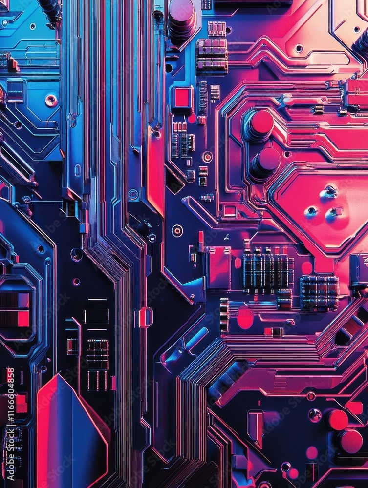 Aufkleber a colorful image of a circuit board with a red and blue background